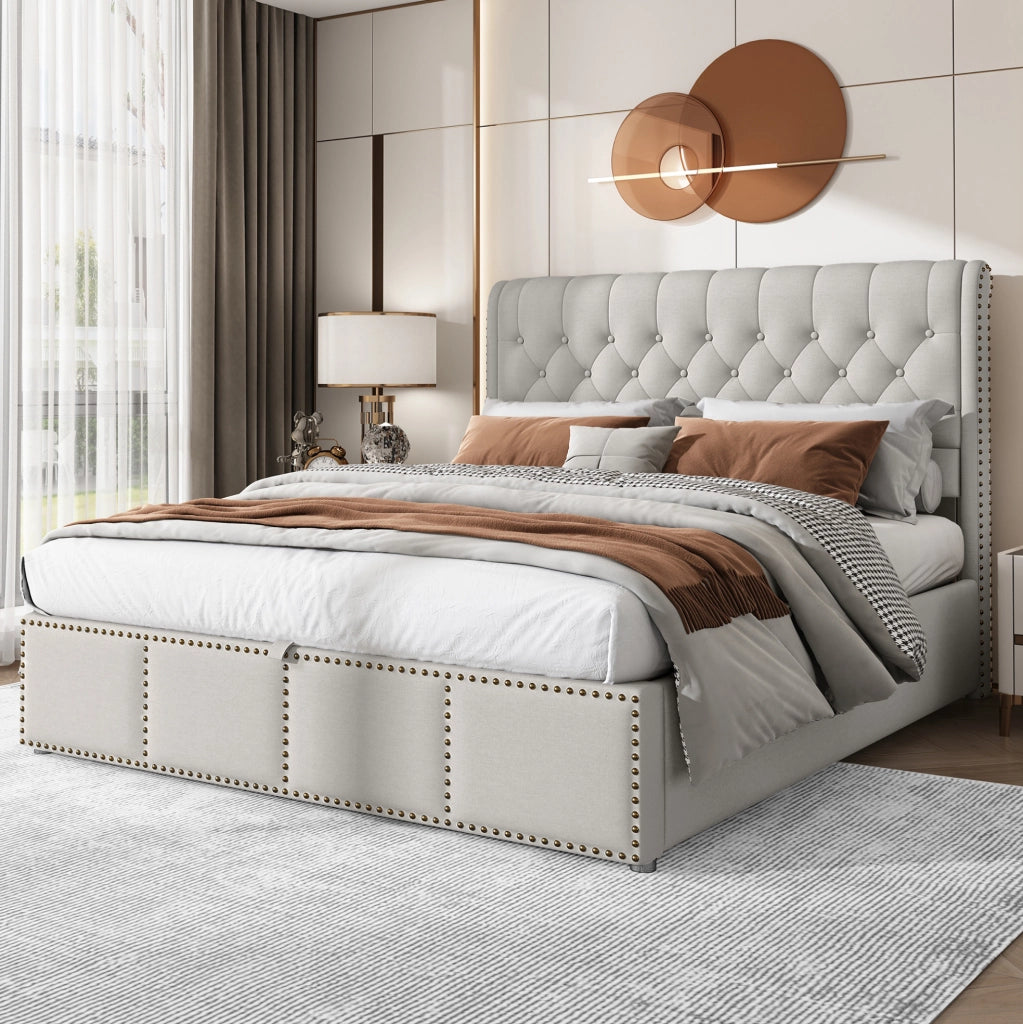 Letto imbottito contenitore 140x190 cm in lino grigio con rete a doghe