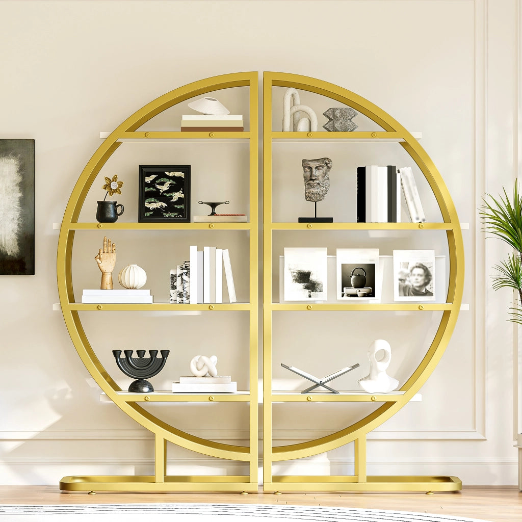 Libreria modulare aperta a 2 elementi con 4 ripiani per soggiorno e cucina, in MDF e metallo, oro e bianco, 120 × 30 × 130 cm