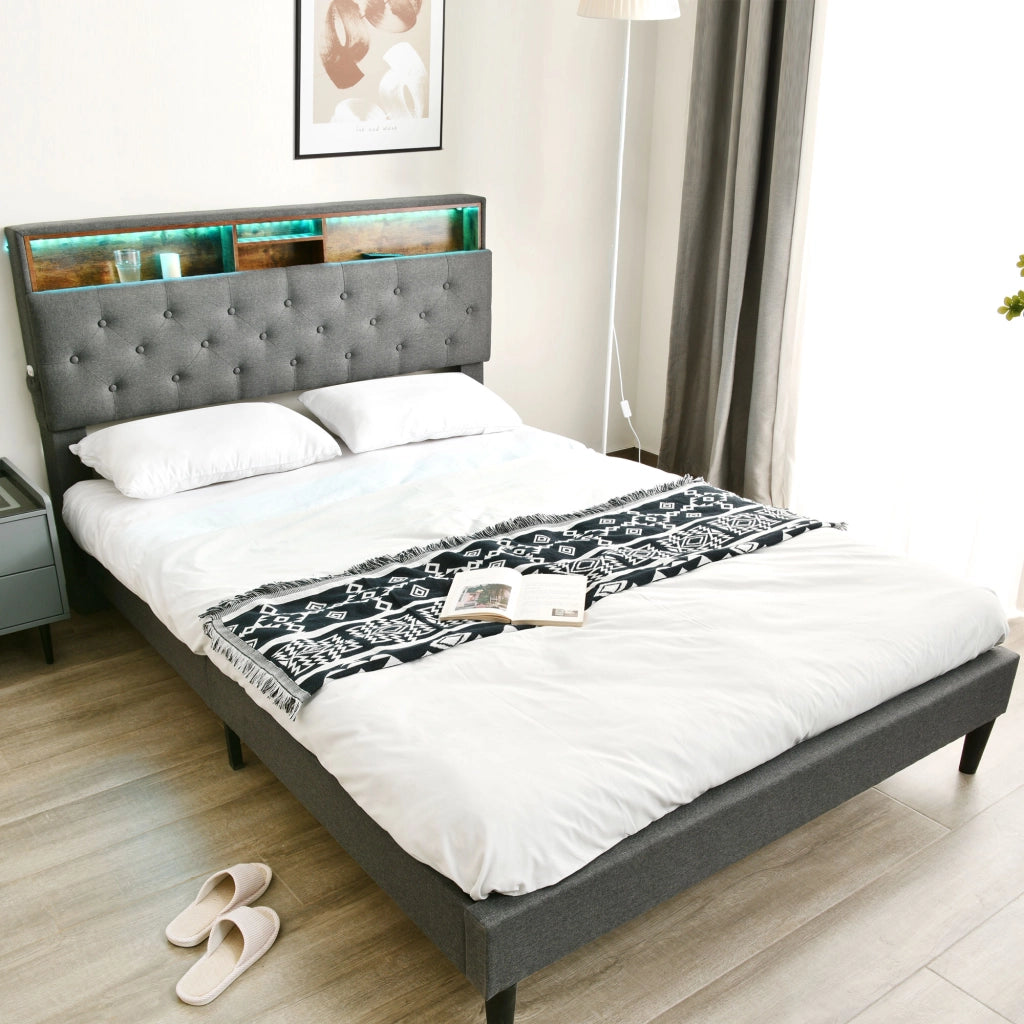 Letto matrimoniale imbottito 140 ¡Á 200 cm con materasso a molle tasca testiera contenitore LED grigio