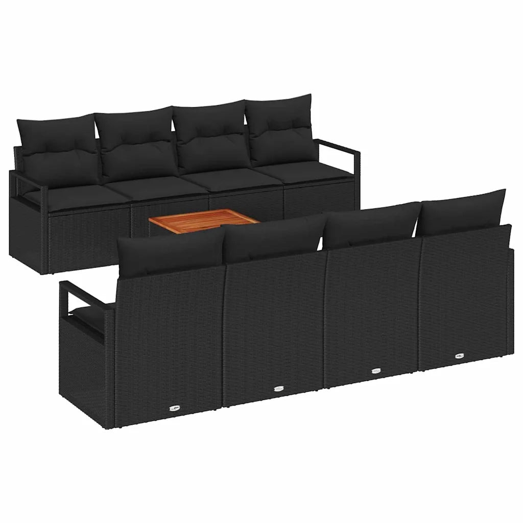Set Divano da Giardino con cuscino 9 pcs Nero polyrattan