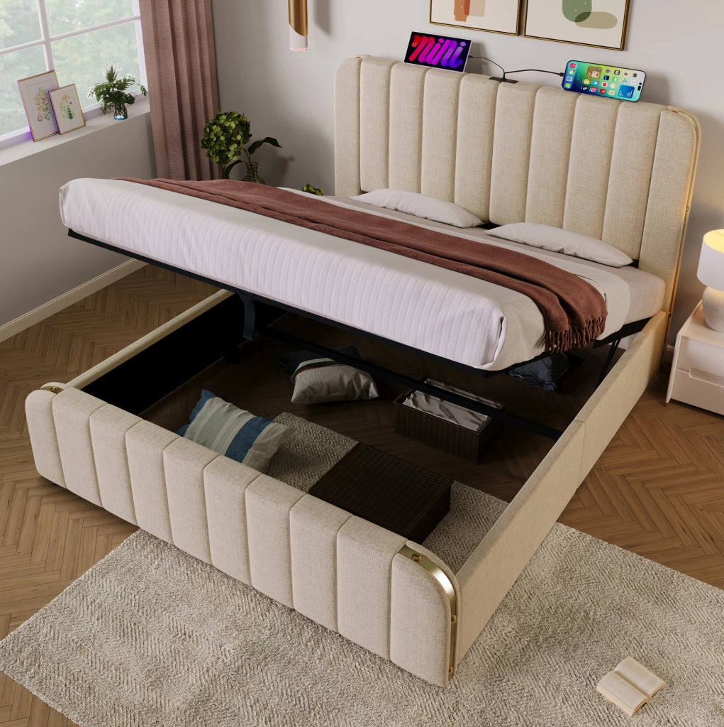 Letto imbottito 140x200 con testiera USB e contenitore idraulico