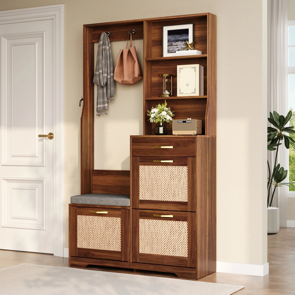 Mobile da ingresso con panca, 3 ribalte per scarpe, cassetto, ripiani e appendiabiti in MDF noce, 100 × 30 × 170 cm