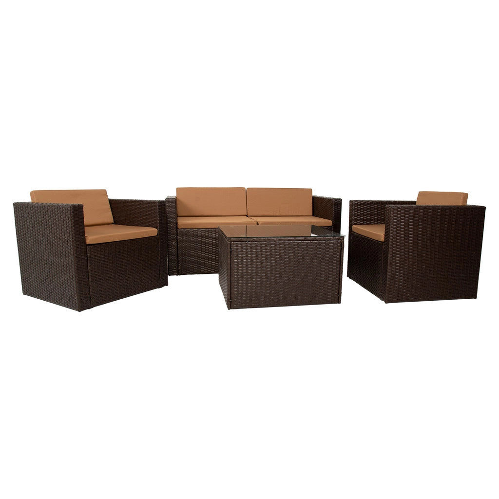 Set tavolo marrone, divano e 2 poltrone