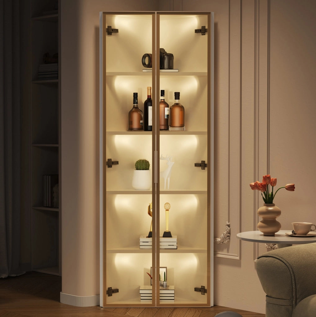 Vetrina angolare in vetro temperato bianco con LED integrati 62x35x160 cm