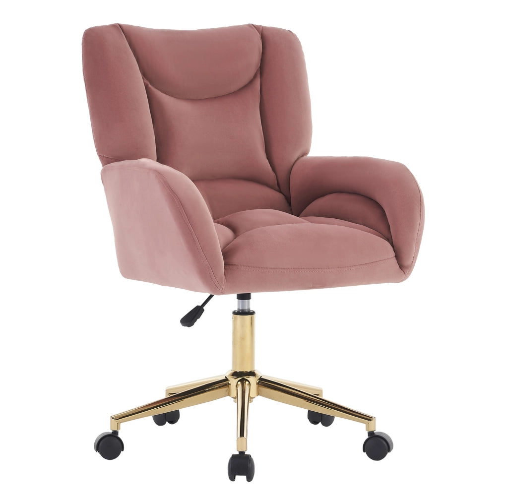 Sedia da ufficio regolabile in velluto rosa con base dorata e ruote girevoli 360°
