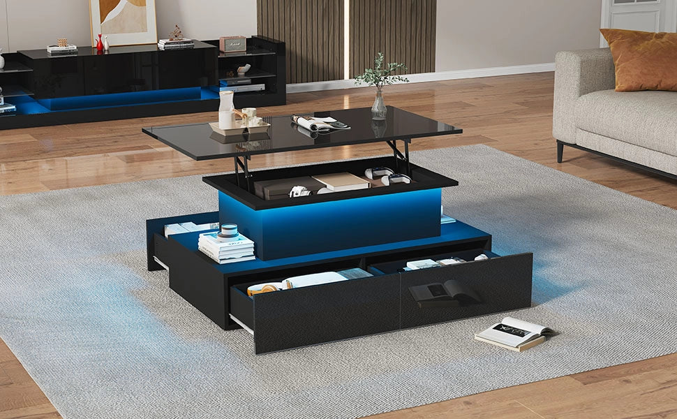 Tavolino da caffè con luci led nero lucido 4 cassetti 90x55x41 cm