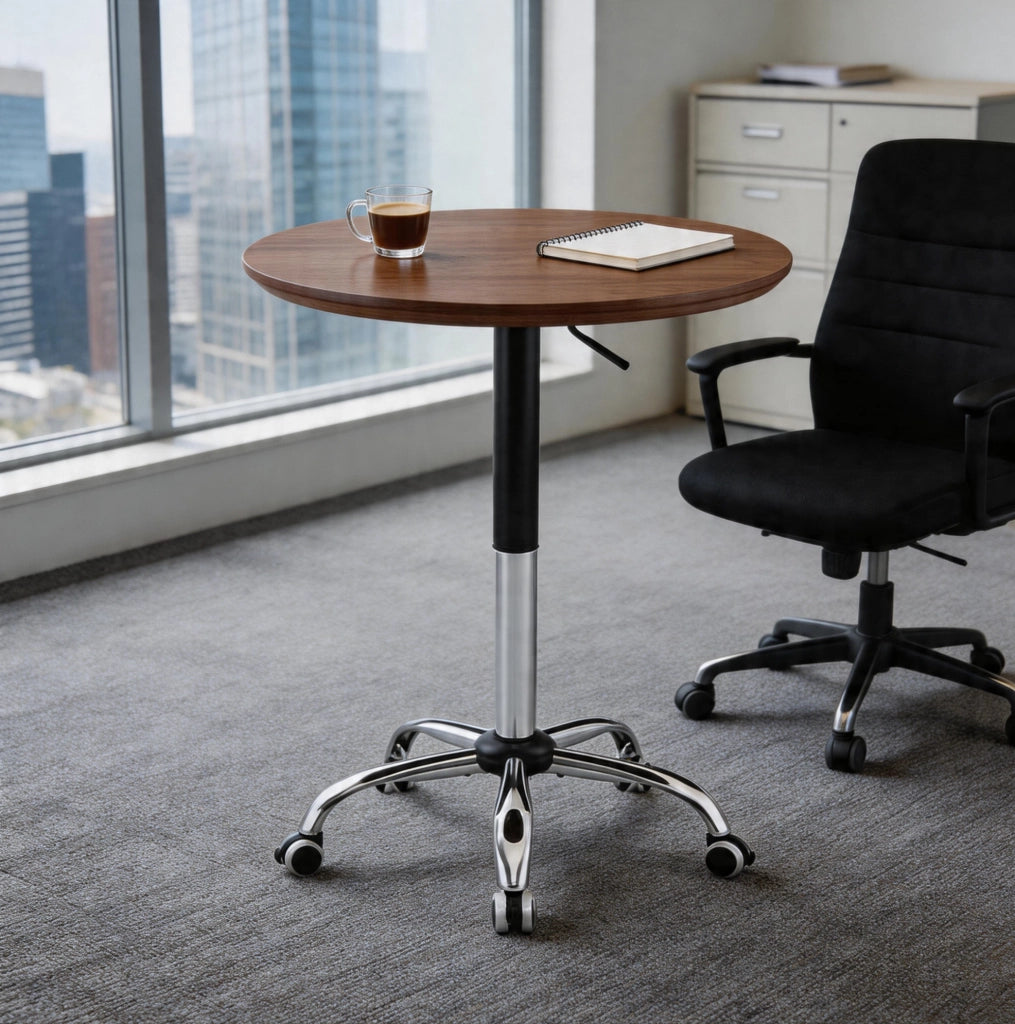 Tavolino rotondo regolabile in altezza 70 cm con ruote, colore noce, per casa, ufficio e caffè