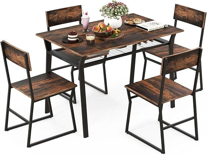 Set da Tavolo e Sedie da Pranzo, Tavolo da Pranzo con 4 Sedie Industriale, Set 5 Pezzi Mobili con Mensola Portaoggetti e Telaio in Metallo, per Cucina Sala da Pranzo, 110 x 70 cm (Marrone)
