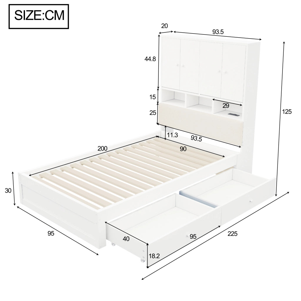 Letto Singolo in Legno 90x200 cm Multifunzionale con Cassetti, Testiera Imbottita e LED, Bianco