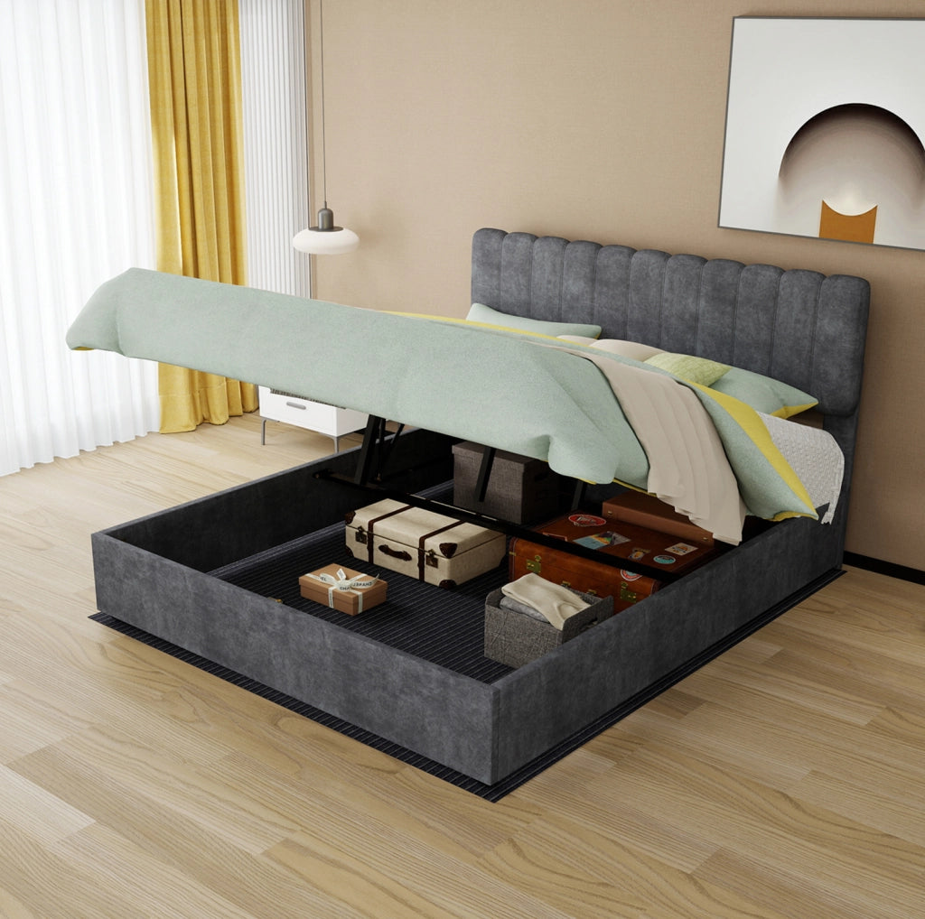 Letto imbottito moderno 160x200 cm con testiera morbida grigio e contenitore con meccanismo a gas