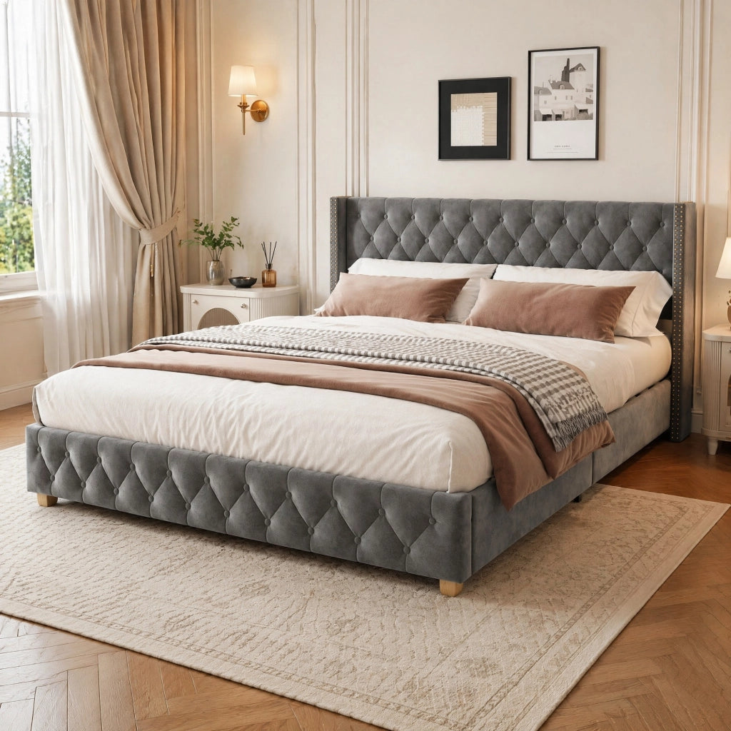 Letto imbottito 140 × 190 cm con rete a doghe testiera capitonné rivestito in velluto grigio
