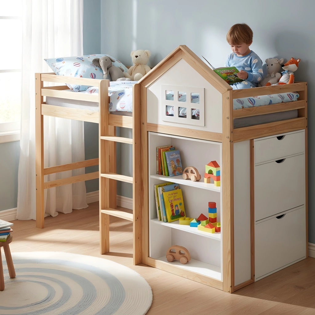 Letto a soppalco per bambini 90x200 cm a casetta; pino e MDF; bianco e legno naturale; cassetti e protezioni