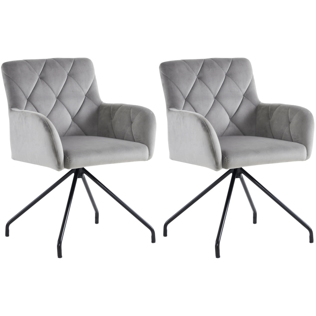 Sedia da sala da pranzo set di 2 con braccioli e schienale ergonomico, in velluto e metallo grigio chiaro
