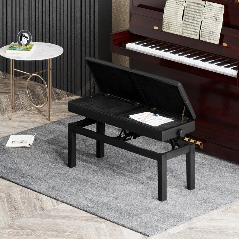Panca per pianoforte regolabile in altezza con doppio sedile e vano contenitore, rivestimento in ecopelle nero, 105 x 37 x 48-58 cm, portata 220 kg