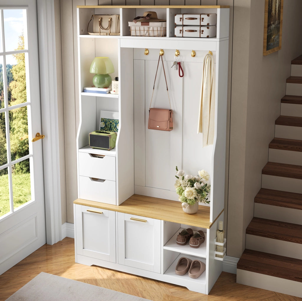 Mobile ingresso 100x32x186 cm in MDF bianco con seduta e vano scarpe