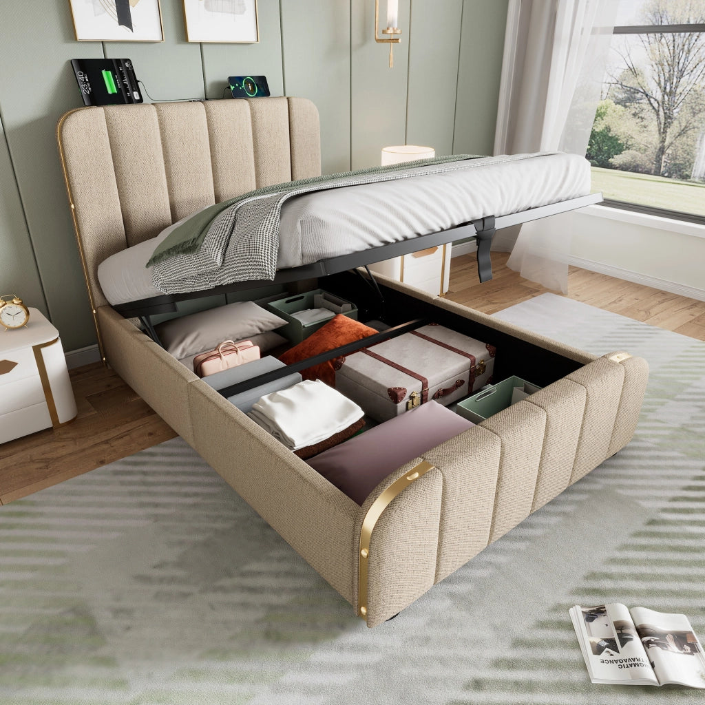 Letto contenitore singolo 90 × 200 cm con USB; Type-C e testiera imbottita; senza materasso; rivestito in lino beige
