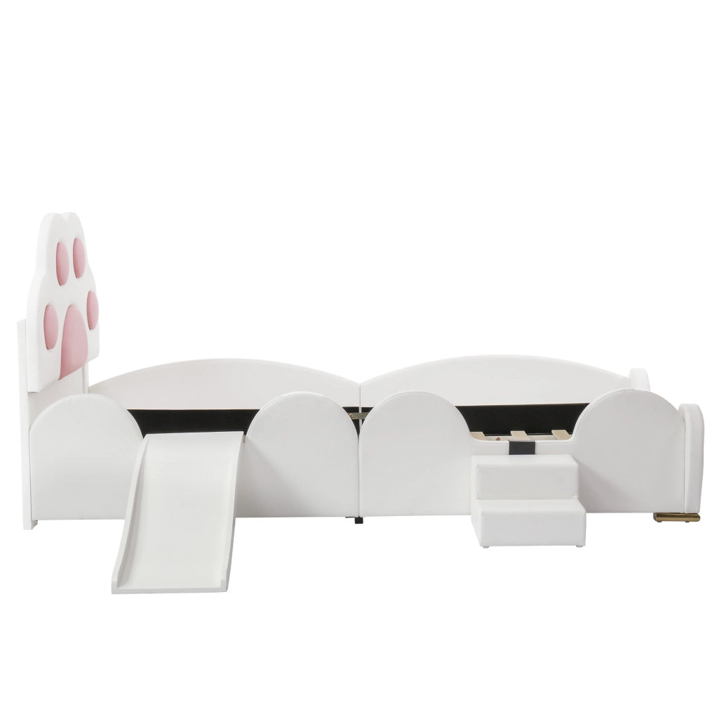 Letto singolo imbottito per bambini con scivolo e scaletta, testiera a forma di zampa di gatto, PU bianco e rosa, 90x200 cm