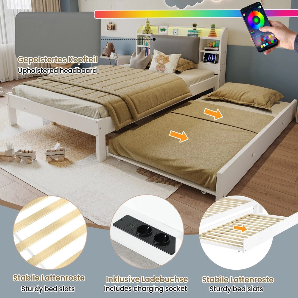 Letto in legno con letto estraibile e testiera imbottita LED ¨C Minimal ¨C Bianco 120x200 cm, letto estraibile 90x190 cm