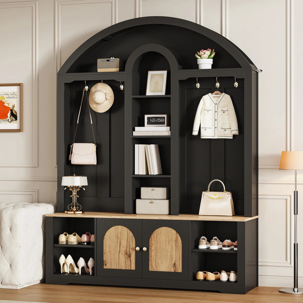 Garderoba in MDF nera con ripiani, appendiabiti e doppi sportelli, design curvo 150x40x195 cm