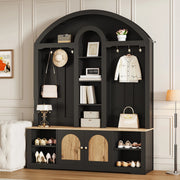 Garderoba in MDF nera con ripiani, appendiabiti e doppi sportelli, design curvo 150x40x195 cm