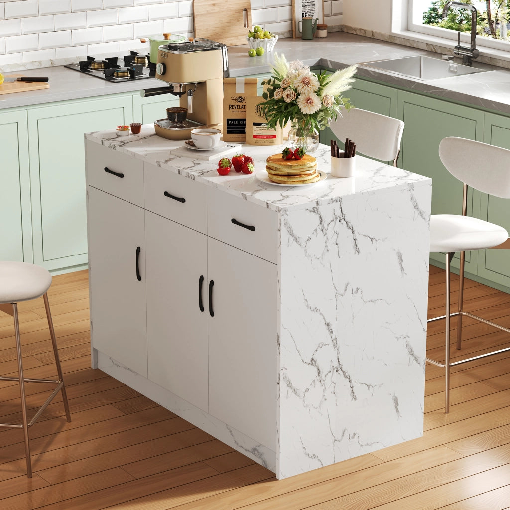 Mobile base da cucina con area bar; 3 cassetti e 3 ante con ripiani regolabili bianco effetto marmo 120 × 60 × 90.5 cm