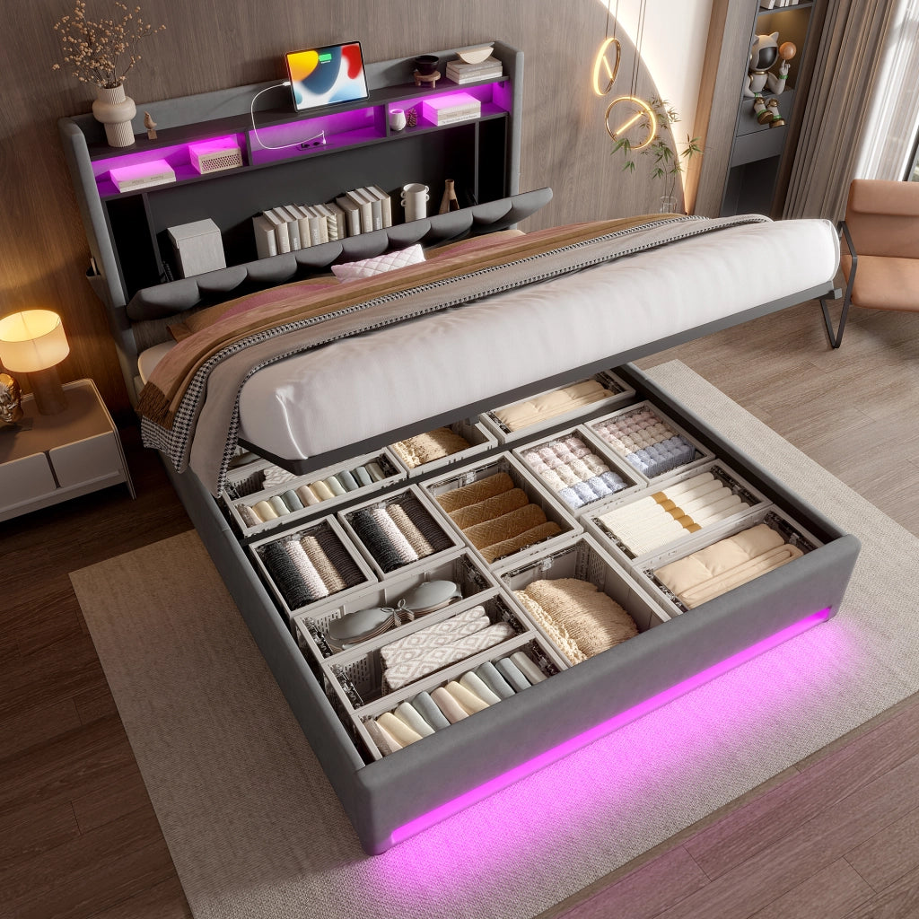 Letto matrimoniale contenitore 160x200 in velluto grigio scuro con luci LED e prese USB
