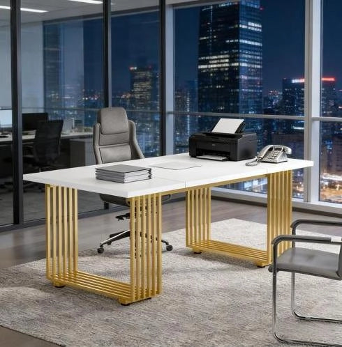 Scrivania da ufficio classica bianca e oro 180x79x78 cm per computer e lavoro