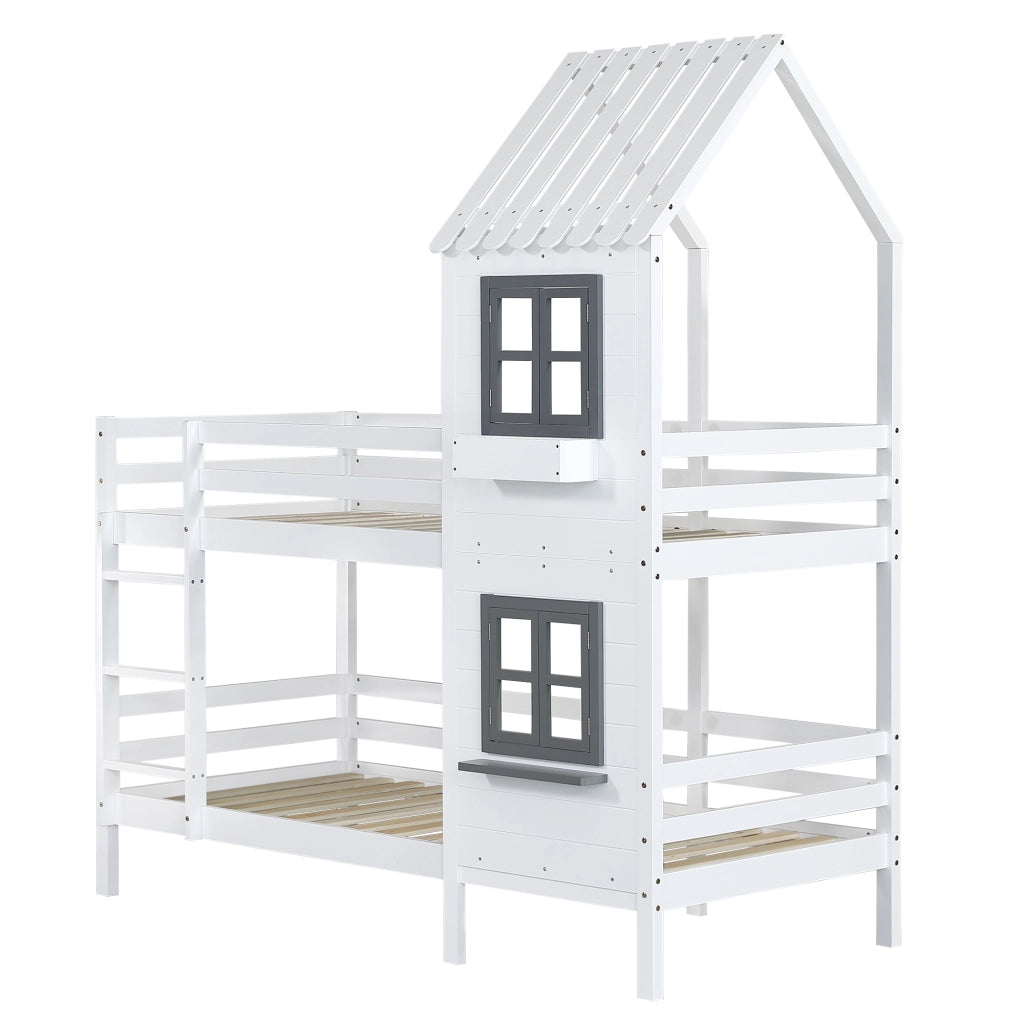 Letto a castello per bambini 90 × 200 cm, 2 posti, con finestre, scala con corrimano e barriere, senza materasso, bianco