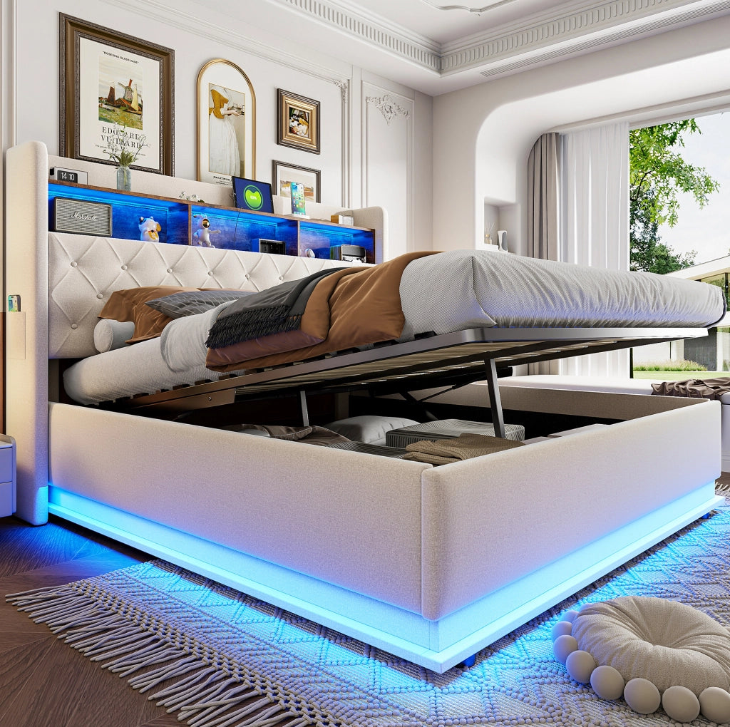 Letto matrimoniale imbottito 180x200 cm con LED, USB e contenitore idraulico, beige