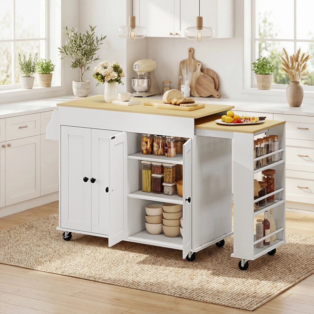 Carrello da Cucina con Ruote ¨C Xylo ¨C Piano Estraibile 4 Ante Ripiani Regolabili Portaspezie Bianco
