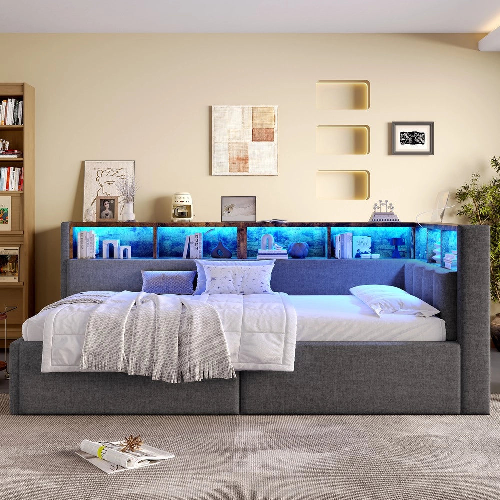 Letto Singolo Contenitore con LED ¨C MINIMAL ¨C Tessuto Grigio 90x200 Idraulico