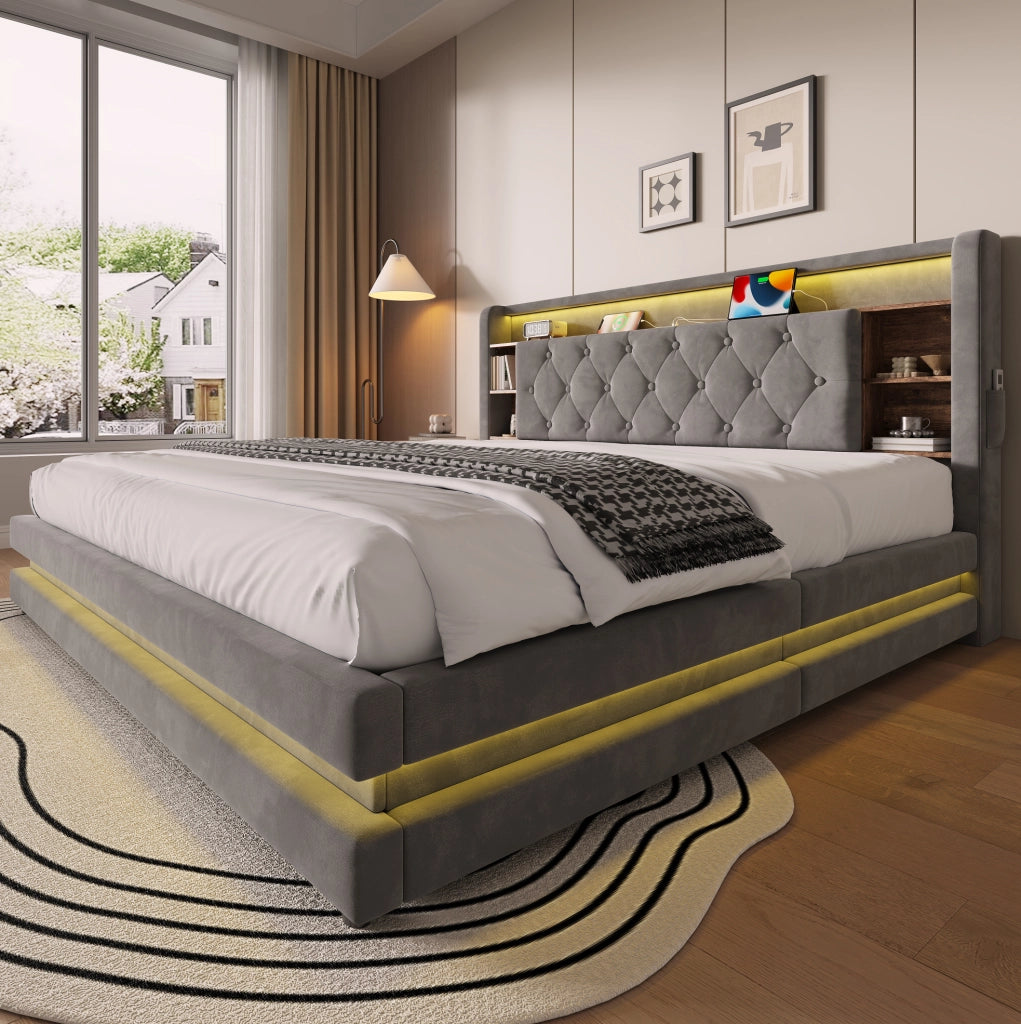 Letto imbottito 180x200 cm grigio scuro con LED e USB