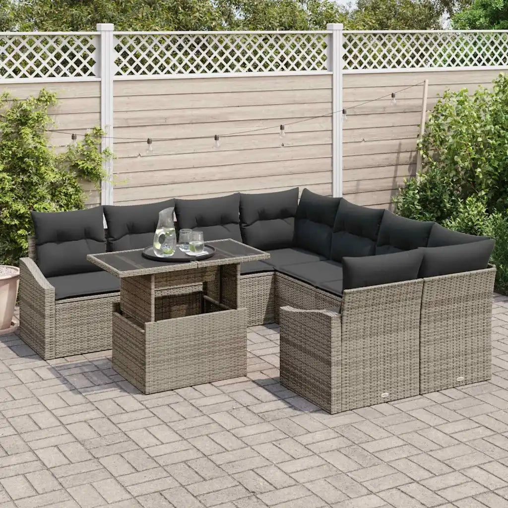 Set Divano da Giardino 9 pcs Grigio Poly Rattan