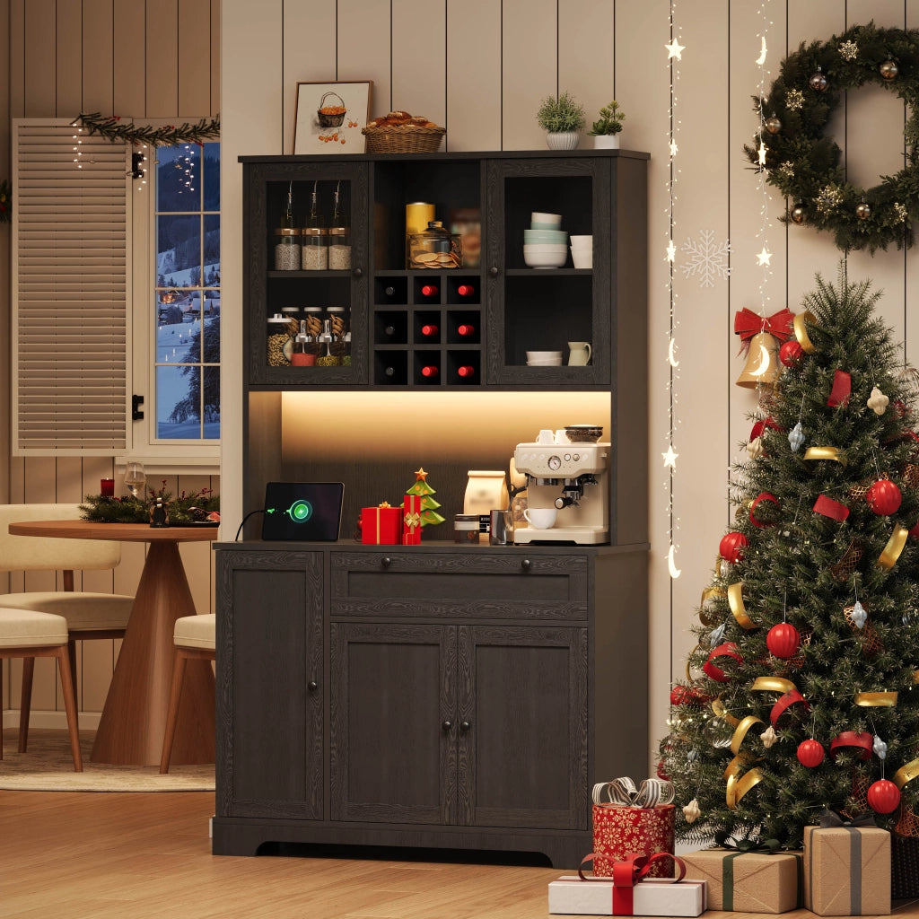 BUFFET 180x105x40 cm Nero in MDF con LED e prese USB