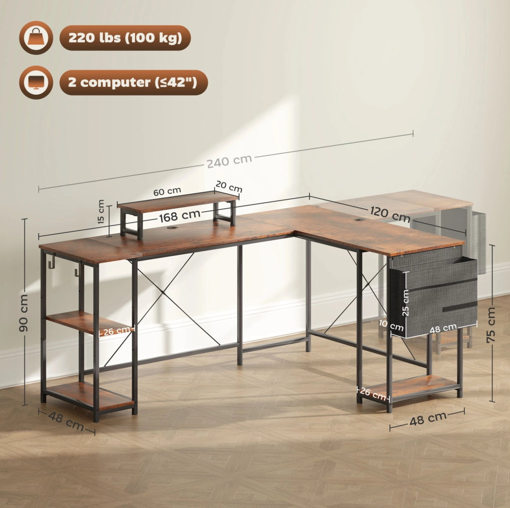 Scrivania angolare a L 168x120 cm con ripiani e portaoggetti, supporto monitor ergonomico, marrone rustico