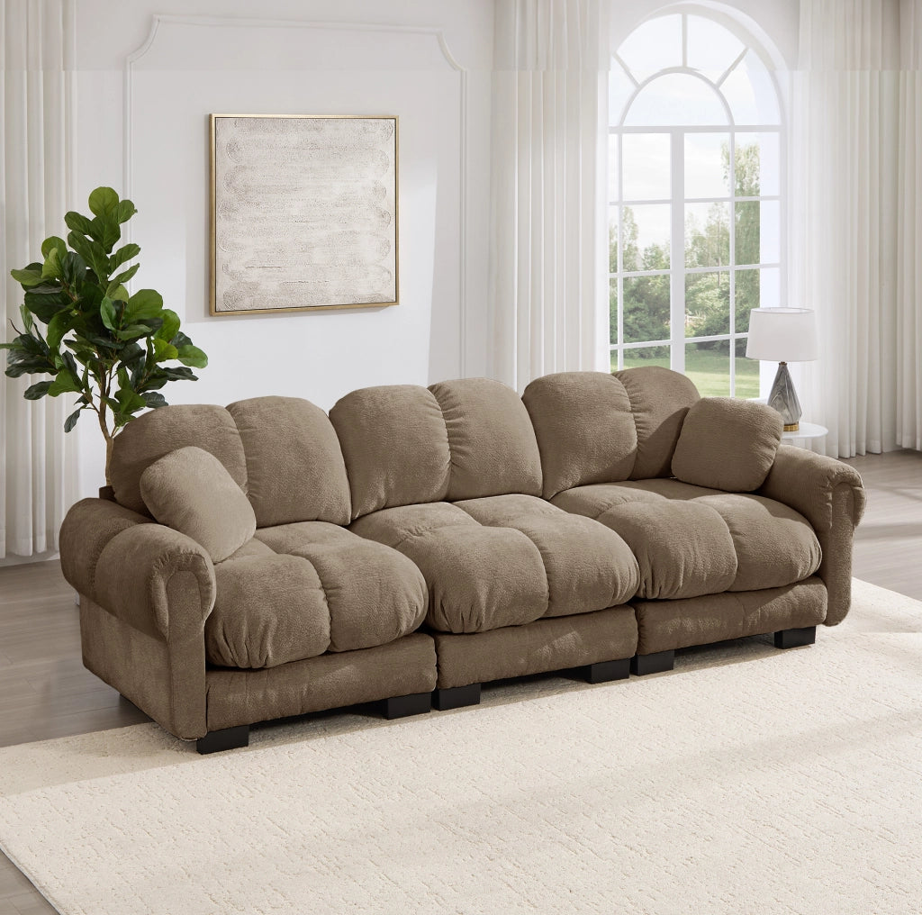 Divano 3 posti in chenille marrone con 2 cuscini decorativi e design trapuntato, cuscini seduta spessi e schienale ergonomico