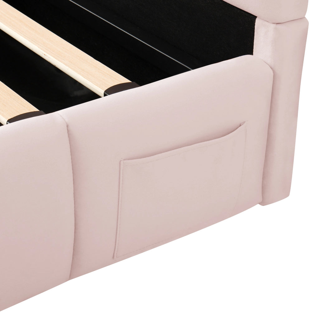 Letto per bambini imbottito con vano contenitore idraulico e USB tipo C in velluto rosa 90 × 200 cm