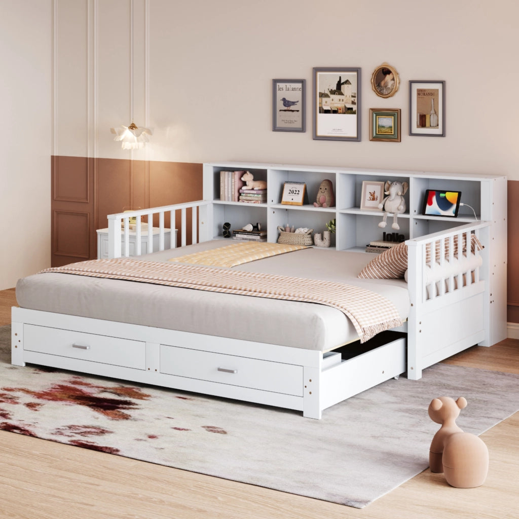 Letto estraibile multifunzione in legno bianco con due cassetti rete a doghe presa e ripiani integrati