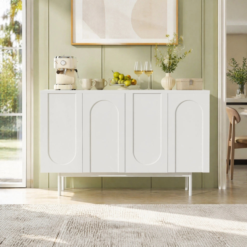 Sideboard moderno a 4 ante con motivo ad arco; 140x42x80 cm; in MDF e truciolare bianco
