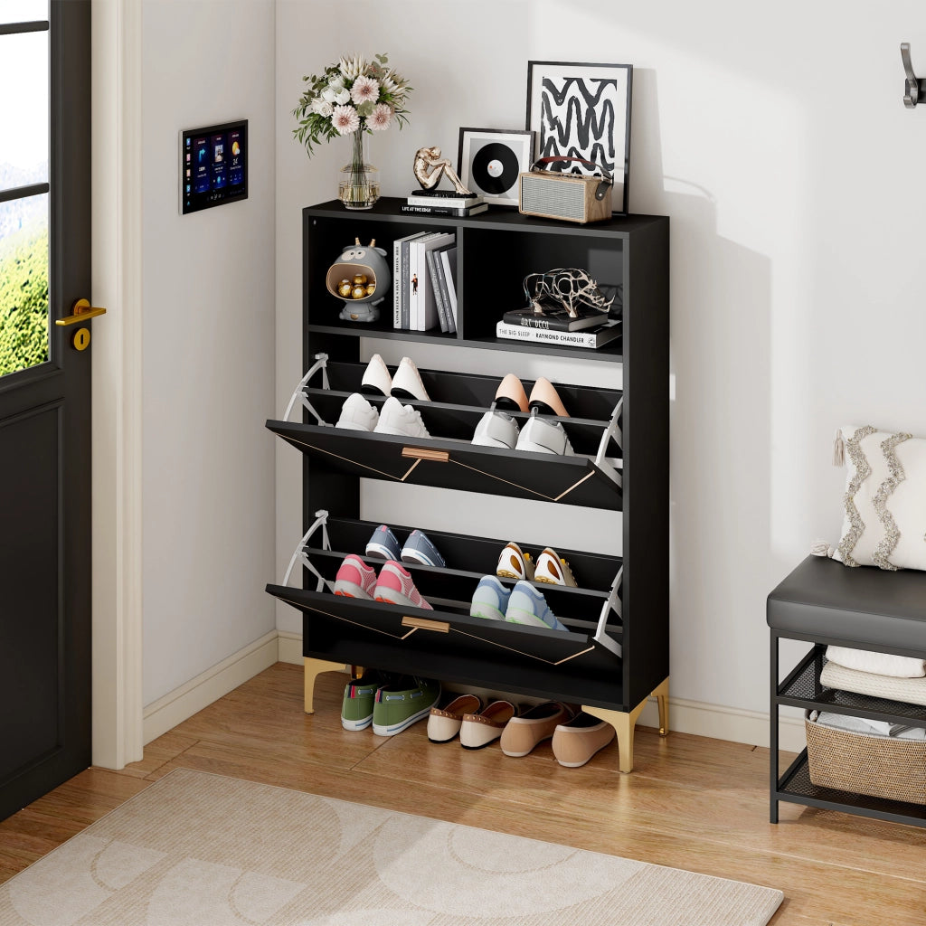 Scarpiera con 2 ante a ribalta, 4 vani per scarpe e 2 ripiani semiaperti, MDF nero, per ingresso, 80 × 25 × 117 cm