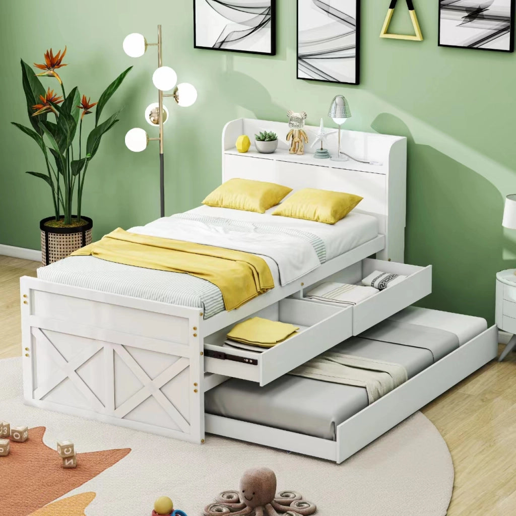 Letto con letto estraibile 90 × 190 cm con 2 cassetti comodino con vano e USB in legno bianco con rete a doghe