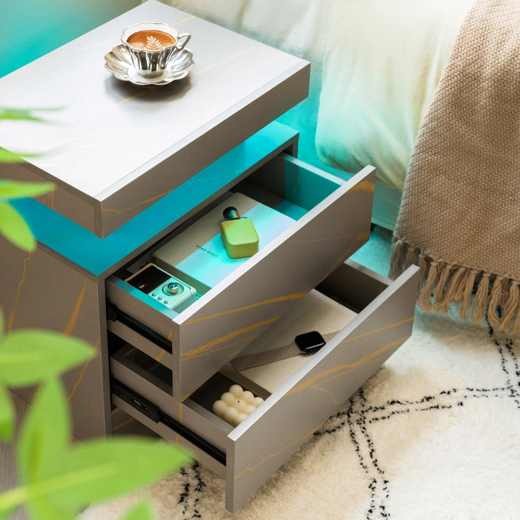 Comodino moderno DESMIU con luci LED regolabili e 2 cassetti, colore grigio oro