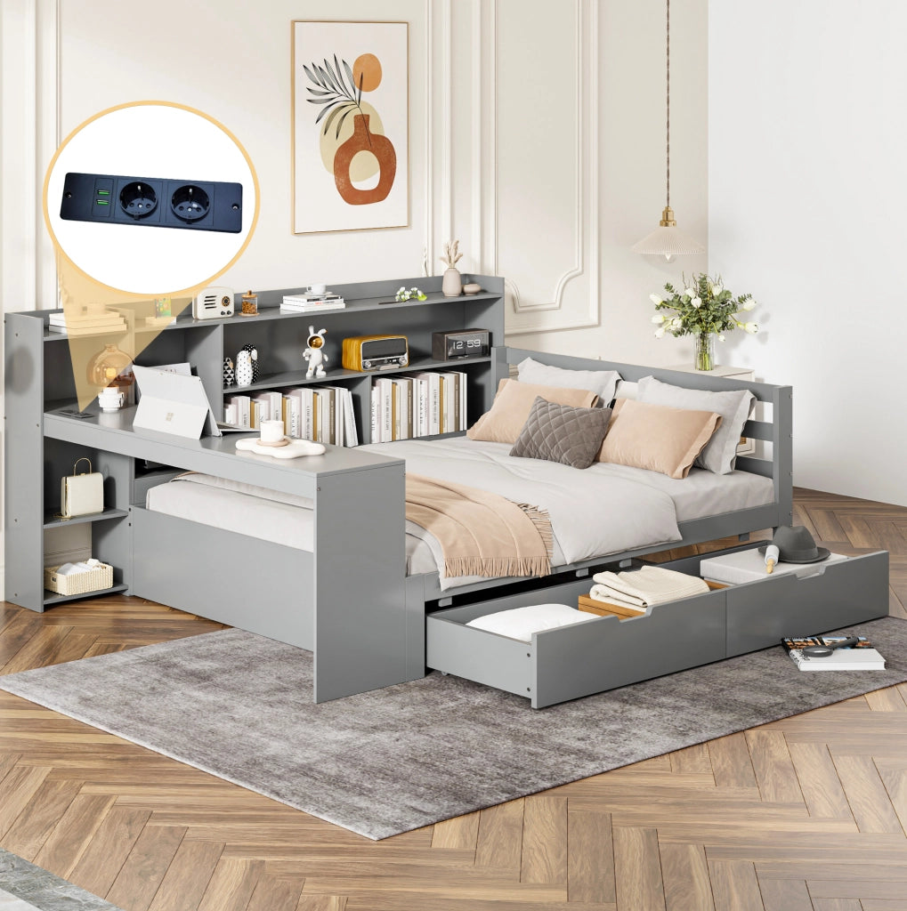 Divano Letto in Legno Massello 140x200 cm con Scrivania, Libreria, Ripiani e Presa di Corrente, Grigio