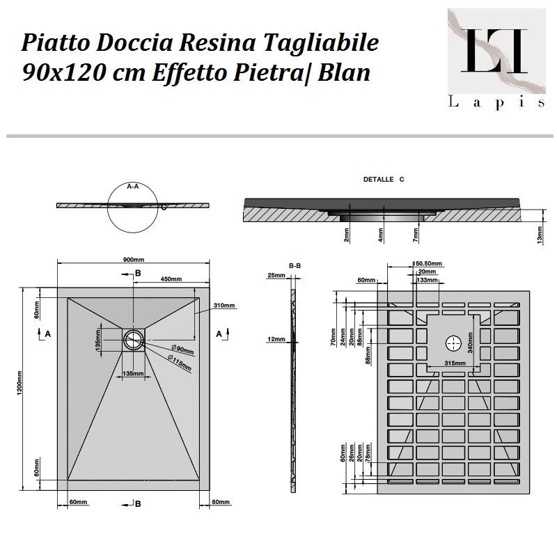 Piatto Doccia Resina Tagliabile 90x120 cm  Bianco Effetto Pietra