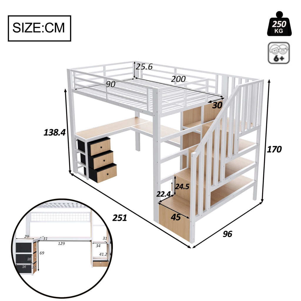 Letto a soppalco 90 × 200 cm con scrivania scala contenitore 4 cassetti LED metallo e MDF bianco