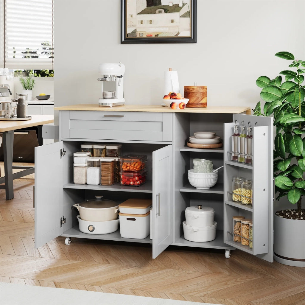 Tavolo da cucina mobile 132,5x44x90 cm, piano ribaltabile effetto rovere, con armadio multifunzione, portaspezie e portasciugamani, 5 ruote