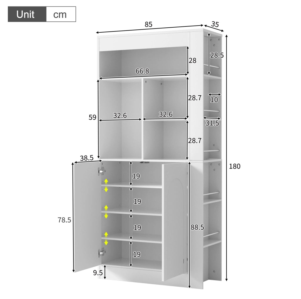 Armadio alto multifunzione bianco 85×35×180 cm con ante, ripiani laterali e spazio aperto