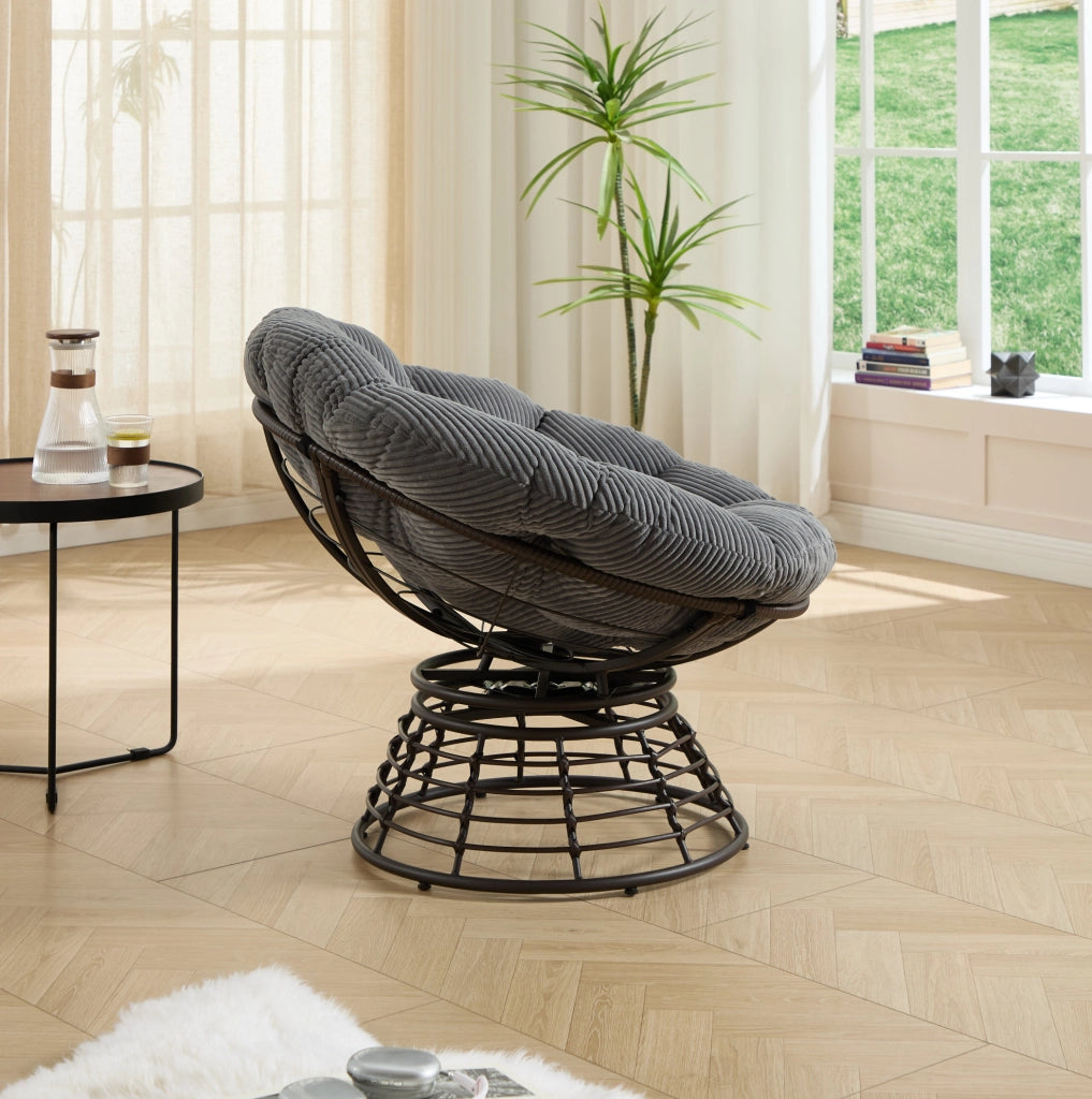 Sedia Papasan Ergonomica in Rattan con Cuscino Spesso e Girevole a 360°, Telaio Marrone e Cuscino Grigio in Velluto a Coste