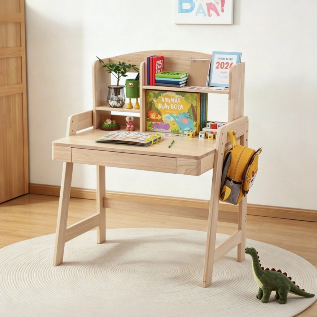 Scrivania lineare per bambini con altezza regolabile cassetto vano portaoggetti e gancio in legno naturale 60 × 88,2 × 118 cm