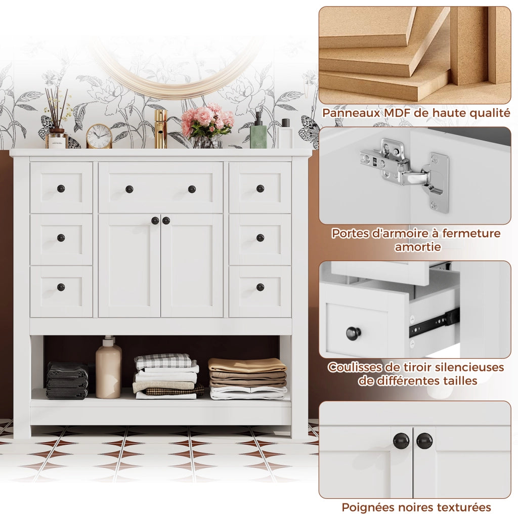 Mobile sottolavabo autoportante con lavabo in ceramica 6 cassetti anta doppia ripiano MDF bianco 91,5 × 46,5 × 90 cm